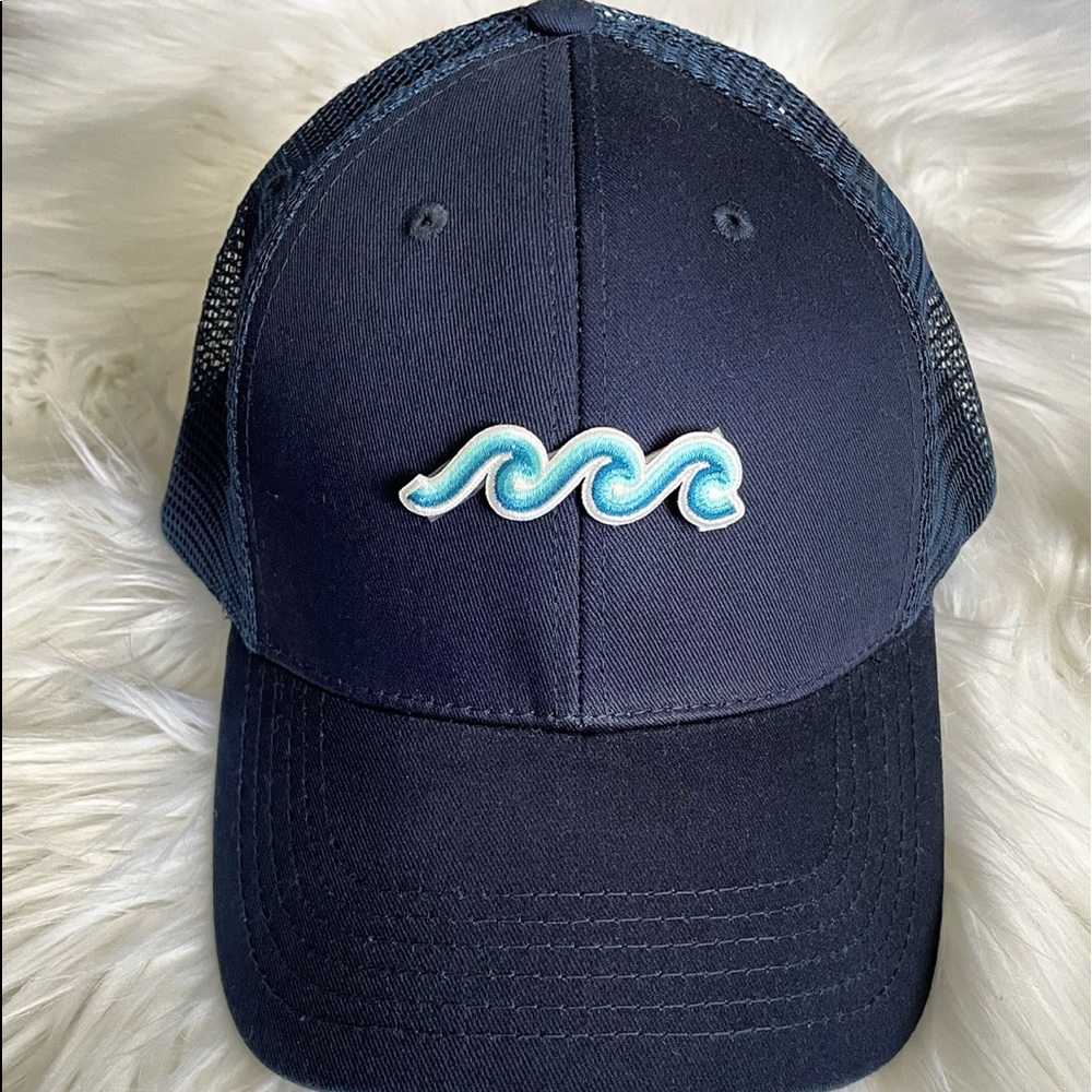 New Navy Trucker Style Hat + Wave/Ocean Patch. Adjustable Snap Closure.